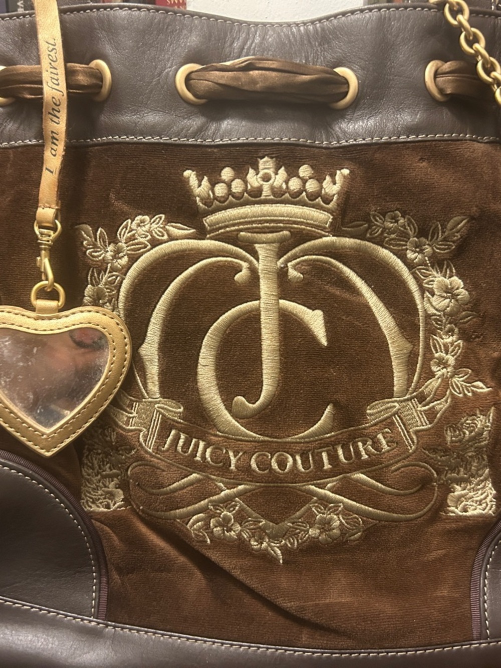 Vintage Y2K Juicy Couture Brown Velour Tote with Gold Embroidered Crest
